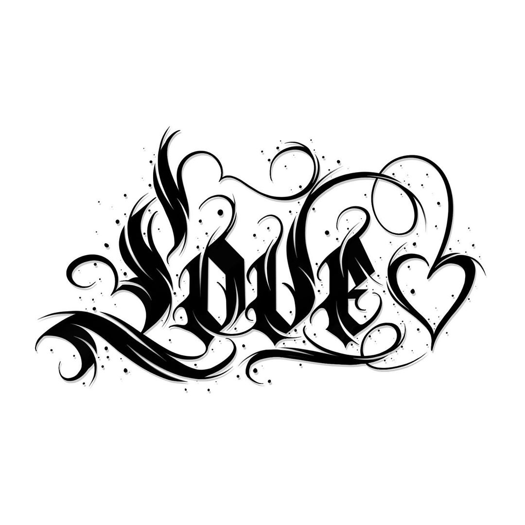 Calligraphie Black Love Cœur Fond Noir Tattoo